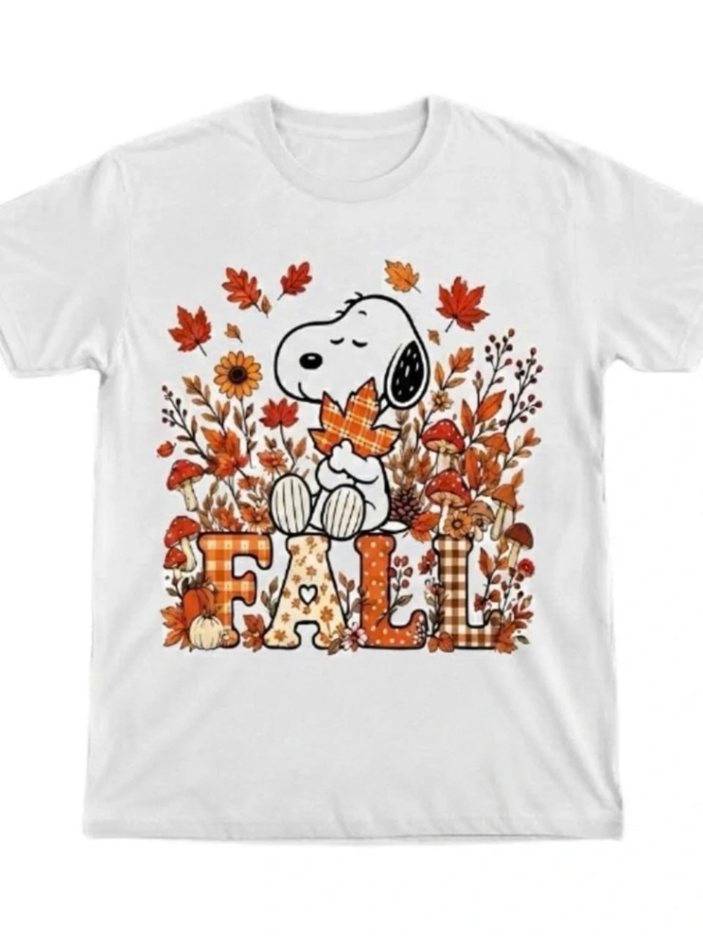 White Short Sleeve Tee with Snoopy Fall Graphic
